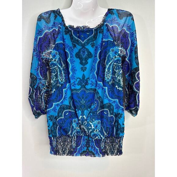 INC International Concepts Blue Print Nylon Scoop neck Pullover Blouse Sz. Small - Picture 4 of 6